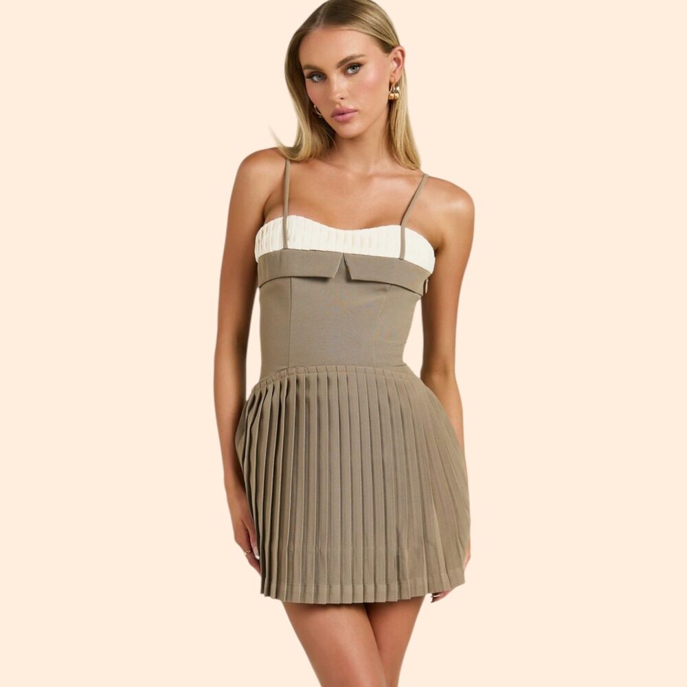 Showpo Taupe and Cream Pleated Mini Dress